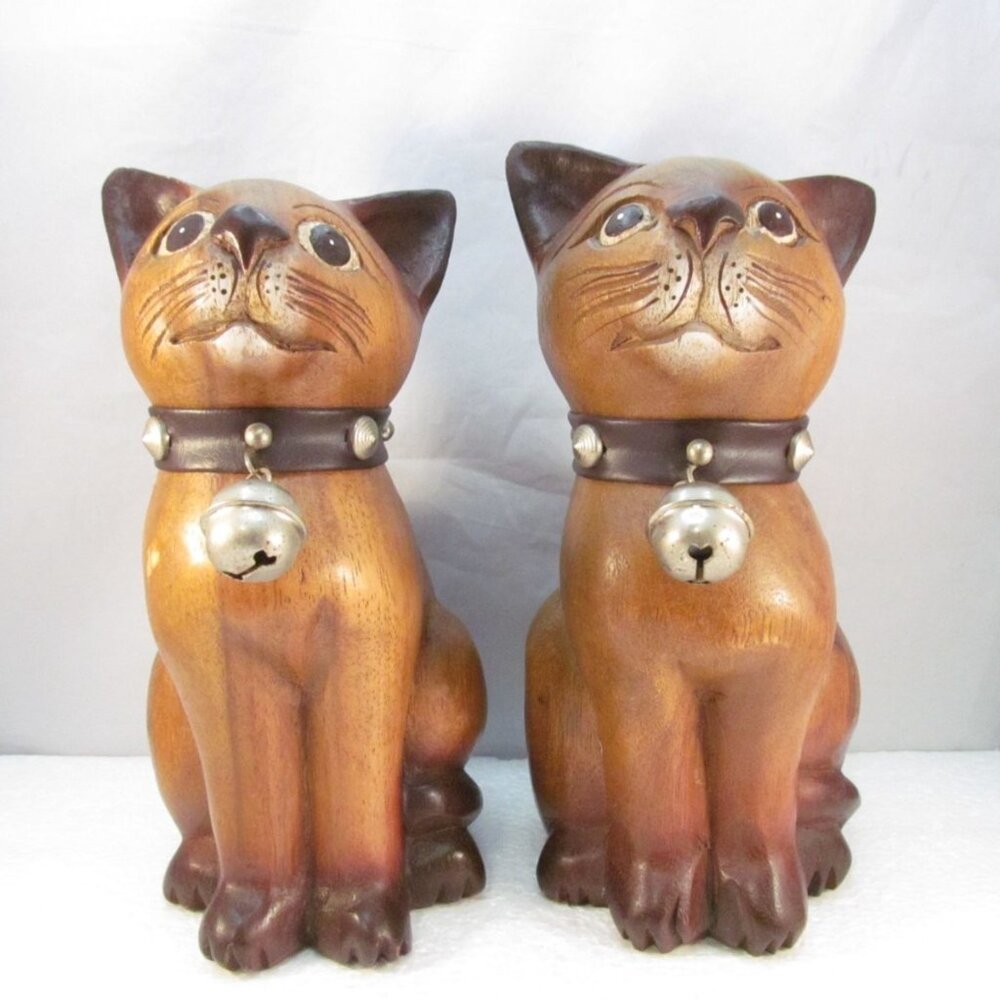 Pair of Handcrafted Wooden Cat Figurines with Leather Collar & Silver Bells 8"